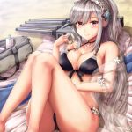  1girl alternate_costume ass azur_lane bag bangs beach beach_mat bikini blush braid breasts buranketo_2 butterfly_hair_ornament cannon choker cleavage collarbone crown_braid day doughnut dunkerque_(azur_lane) eyebrows_visible_through_hair feet_out_of_frame flower food grey_hair hair_ornament hairband halter_top halterneck highres holding holding_food knees_up large_breasts long_hair looking_at_viewer navel outdoors pink_eyes ponytail purple_bikini rigging sand sapphire_(stone) see-through shawl sidelocks sitting solo swimsuit thighs towel turret 