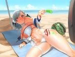  1girl bangs bare_shoulders beach beach_towel beach_umbrella bikini black_ribbon blue_sky blush breasts center_opening cleavage cleavage_cutout closed_mouth clouds collarbone commentary commentary_request day eyebrows_visible_through_hair food fruit girls_frontline gluteal_fold groin hair_ribbon highres korean_commentary large_breasts looking_at_viewer lying midriff navel ocean on_side outdoors popsicle red_eyes ribbon sand shiny shiny_skin side-tie_bikini silver_hair skindentation sky smile solo spas-12_(girls_frontline) spread_legs stomach sunlight swept_bangs swimsuit thigh_strap towel twintails uleuleuleu umbrella under_boob water watermelon 