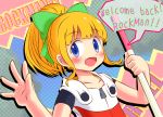  1girl bangs blonde_hair blue_eyes blunt_bangs blush bow capcom child copyright_name eyebrows_visible_through_hair green_bow hair_bow highres holding kisaragiyamaguti-love long_hair open_mouth patterned_background ponytail rockman rockman_(classic) rockman_11 roll sidelocks smile solo speech_bubble text_focus waving zipper_pull_tab 