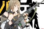  1girl assault_rifle bangs bare_shoulders blush breasts brown_eyes brown_hair collar collarbone daewoo_k2 eyebrows_visible_through_hair fingerless_gloves girls_frontline gloves gun hair_between_eyes hair_ornament hairclip highres holding holding_gun holding_weapon jacket k-2_(girls_frontline) leewh1515 logo long_hair medium_breasts open_mouth reloading rifle shirt sidelocks signature solo upper_body weapon 