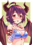  1girl ahoge bandage bandaged_arm bandages bikini blue_bikini blue_choker blush breasts choker cleavage clenched_hands collarbone dragon_girl dragon_horns dragon_tail dragon_wings eyebrows_visible_through_hair flying_sweatdrops granblue_fantasy grea_(shingeki_no_bahamut) green_background hair_between_eyes halterneck highres horns large_breasts looking_at_viewer midriff nose_blush open_mouth pointy_ears purple_hair red_eyes shingeki_no_bahamut shirt short_hair solo swimsuit tail tomo_(user_hes4085) upper_body wings 
