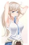  1girl armpits arms_behind_head bangs bare_arms bare_shoulders blonde_hair blue_eyes blue_skirt blush breasts cleavage collarbone commentary_request cucouroux_(granblue_fantasy) eyebrows_visible_through_hair from_side futami_(mg42fw190d) granblue_fantasy hair_between_eyes hair_tie hat highres long_hair looking_at_viewer medium_breasts miniskirt mouth_hold pleated_skirt ribbon shirt skirt solo tank_top tying_hair upper_body white_shirt 