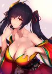  1girl ahoge azur_lane bangs bare_shoulders beige_background black_hair blush breasts cleavage collarbone commentary_request crossed_bangs eyebrows_visible_through_hair feathers finger_to_cheek floral_print gradient gradient_background grey_background grin hair_between_eyes hair_ribbon hand_on_own_chest head_tilt huge_breasts japanese_clothes kimono large_breasts long_hair long_sleeves looking_at_viewer mask mask_on_head nose_blush obi off_shoulder parted_lips red_eyes red_kimono red_ribbon ribbon saisarisu sash shiny shiny_skin sidelocks smile solo striped striped_ribbon taihou_(azur_lane) twintails upper_body very_long_hair wide_sleeves 