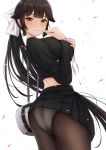  1girl ass azur_lane bag bangs black_hair black_shirt black_skirt blush bow breasts closed_mouth fou_zi hair_bow hair_flaps hands_on_own_chest highres hips large_breasts long_hair long_sleeves looking_at_viewer mole mole_under_eye pleated_skirt ponytail school_uniform serafuku shirt shoulder_bag simple_background skirt solo takao_(azur_lane) thighs white_background white_bow 