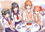  4girls :d bangs black_hair blue_sailor_collar blue_skirt blush bow brown_eyes brown_hair cake chair closed_mouth collared_shirt commentary_request cup eyebrows_visible_through_hair fireworks flower food green_eyes hair_between_eyes hair_bow hair_flower hair_ornament hand_up long_hair misaka_mikoto multiple_girls navel neckerchief open_mouth pink_flower plate pleated_skirt raika9 red_bow red_eyes red_neckwear sailor_collar sakugawa_school_uniform saten_ruiko saucer school_uniform senkou_hanabi serafuku shirai_kuroko shirt short_sleeves sitting skirt smile sparkler sweater_vest table tea teacup teapot to_aru_kagaku_no_railgun to_aru_majutsu_no_index twintails uiharu_kazari v very_long_hair white_flower white_shirt 