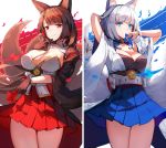  2girls aircraft airplane akagi_(azur_lane) animal_ears arm_behind_head azur_lane bangs blue_eyes blue_skirt blunt_bangs blush breasts brown_hair choker cleavage covered_mouth eyebrows_visible_through_hair finger_to_chin fire flight_deck_scroll fox_ears fox_tail gloves hair_ornament highres holding japanese_clothes kaga_(azur_lane) large_breasts long_hair looking_at_viewer mask multiple_girls multiple_tails natsumoka petals pleated_skirt red_eyes red_skirt short_hair sidelocks skirt smile tail thighs white_hair wide_sleeves wristband 