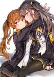  2girls :3 absurdres bangs black_gloves black_legwear black_ribbon blush breasts brown_hair commentary_request eyebrows_visible_through_hair fingerless_gloves girls_frontline gloves grey_hair grey_skirt hair_between_eyes hair_ornament hair_ribbon hairclip highres hood hood_down hooded_jacket hug jacket long_hair looking_at_viewer multiple_girls nanakagura neck_ribbon one_side_up open_clothes open_jacket open_mouth pantyhose pleated_skirt red_eyes ribbon scar scar_across_eye scarf shirt sidelocks simple_background sitting skirt small_breasts smile twintails ump45_(girls_frontline) ump9_(girls_frontline) untucked_shirt white_background white_shirt yellow_eyes 