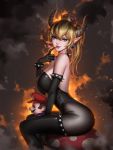  1girl bare_shoulders black_gloves black_leotard blonde_hair boots bowsette bracelet breasts character_doll collar commentary earrings elbow_gloves english_commentary fangs fingernails gloves highres horns jewelry large_breasts leotard liang_xing lips long_hair looking_at_viewer mario super_mario_bros. new_super_mario_bros._u_deluxe nintendo pantyhose parted_lips pointy_ears ponytail profile sharp_fingernails sitting solo spiked_armlet spiked_bracelet spiked_collar spikes strapless strapless_leotard super_crown thigh-highs thigh_boots 