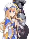  1girl :o adyisu armor bangs blonde_hair blue_dress blue_eyes blush commentary_request dress eyebrows_visible_through_hair full_armor goblin_slayer goblin_slayer! hair_between_eyes hat helm helmet holding holding_staff long_hair long_sleeves parted_lips priestess_(goblin_slayer!) simple_background solo_focus staff twitter_username two-handed very_long_hair white_background white_hat wide_sleeves 