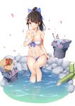  &gt;_&lt; 1girl :3 :d alcohol azur_lane bare_arms bare_shoulders bikini blouse blue_blouse blush bow breasts brown_eyes brown_hair cleavage closed_eyes closed_mouth collarbone commentary_request cup hair_bow hair_ears hand_up high_ponytail highres large_breasts long_hair navel onsen open_mouth petals petals_on_liquid ponytail rock sake shishi_odoshi simple_background sitting smile soaking_feet solo swimsuit takao_(azur_lane) thighs water white_background white_bikini yuxian_youka 