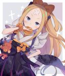  1girl abigail_williams_(fate/grand_order) animal_print arm_behind_back bandaid bandaid_on_face bandaid_on_forehead blonde_hair blue_eyes blush bow butterfly_print commentary_request cowboy_shot dutch_angle fate/grand_order fate_(series) food food_in_mouth forehead hair_bow japanese_clothes kimono long_hair looking_at_viewer mouth_hold orange_bow pancake polka_dot polka_dot_bow ponytail sash scrunchie short_sleeves sidelocks solo stuffed_animal stuffed_toy teddy_bear totatokeke two-tone_background wrist_scrunchie 