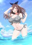  1girl bangs bare_shoulders bikini blue_bow blue_sky blush bow breasts brown_eyes brown_hair cleavage collarbone grey_bikini hair_bow highres hips idolmaster idolmaster_shiny_colors large_breasts long_hair looking_at_viewer navel ocean open_mouth plaid plaid_bikini ponytail sky smile solo star star-shaped_pupils surock swept_bangs swimsuit symbol-shaped_pupils thighs tsukioka_kogane waist water 