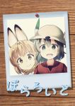  2girls animal_ears black_eyes black_hair bow bowtie commentary_request extra_ears eyebrows_visible_through_hair hair_between_eyes hat_feather helmet highres kaban_(kemono_friends) kemono_friends ki-51_(ampullaria) multiple_girls open_mouth photo_(object) pith_helmet print_neckwear red_shirt serval_(kemono_friends) serval_ears serval_print shirt short_hair translated wavy_hair 