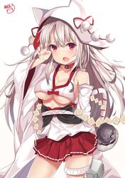  1girl :d animal_ears animal_hood arm_up azur_lane bangs bare_shoulders blush breasts claw_pose cleavage collarbone commentary_request cowboy_shot detached_sleeves eyebrows_visible_through_hair fang fingernails hair_between_eyes highres hood long_hair long_sleeves medium_breasts nail_polish noeru_(gt17854) open_mouth pink_nails pleated_skirt red_collar red_eyes red_skirt silver_hair simple_background skirt smile solo standing tail thick_eyebrows under_boob very_long_hair white_background wide_sleeves wolf_ears wolf_girl wolf_hood wolf_tail yuudachi_(azur_lane) 