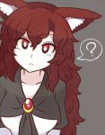  1girl ? animal_ear_fluff animal_ears bangs breasts brooch brown_hair collarbone dress eyebrows_visible_through_hair eyelashes grey_background hair_between_eyes head_tilt imaizumi_kagerou jewelry large_breasts long_hair looking_at_viewer red_eyes simple_background solo spoken_question_mark touhou upper_body white_dress wolf_ears wool_(miwol) 