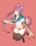  1girl akebono_(kantai_collection) animal_ears bell black_legwear black_panties blue_sailor_collar cat_ears cat_tail fish flower full_body hair_bell hair_flower hair_ornament highres jingle_bell kantai_collection kemonomimi_mode long_hair no_pants open_mouth oversized_object panties purple_hair red_background remodel_(kantai_collection) sailor_collar saury school_uniform serafuku short_sleeves side_ponytail simple_background solo tail thigh-highs underwear very_long_hair violet_eyes yuuji_(and) 