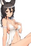  1girl animal_ears arm_strap arm_support backless_outfit bangs bare_legs bare_shoulders black_hair blush breasts brown_eyes cat_ears cleavage collarbone earrings erect_nipples erune granblue_fantasy hair_between_eyes hand_on_own_chest ilsa_(granblue_fantasy) jewelry koretsuki_azuma long_hair looking_at_viewer medium_breasts panties shiny shiny_hair shiny_skin simple_background sitting solo underwear white_background white_panties 