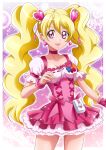 1girl :d bare_arms blonde_hair bow choker collarbone corset cowboy_shot cure_peach earrings fresh_precure! hair_ornament hanzou heart heart_earrings heart_hair_ornament highres jewelry long_hair looking_at_viewer magical_girl momozono_love open_mouth pink_bow pink_eyes pink_neckwear pink_skirt precure puffy_sleeves purple_background skirt smile solo sparkle standing twintails wrist_cuffs 