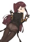  1girl 2l_(2lsize) ass bangs black_gloves black_jacket black_legwear blunt_bangs blush braid closed_mouth commentary crown_braid girls_frontline gloves gusset hands_up highres jacket long_hair long_sleeves looking_at_viewer looking_back lying nose_blush on_stomach one_side_up panties panties_under_pantyhose pantyhose purple_hair red_eyes side_ponytail simple_background solo thighband_pantyhose thighs tsurime underwear very_long_hair wa2000_(girls_frontline) white_background 