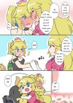  2girls bare_shoulders black_dress blonde_hair blue_earrings blue_eyes blush blush_stickers bowsette carrying comic dress engrish hand_holding hands_clasped horns long_hair super_mario_bros. multiple_girls new_super_mario_bros._u_deluxe nintendo nose_blush own_hands_together pink_dress ponytail princess_peach ranguage sesield short_hair strapless strapless_dress super_crown 
