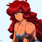  1girl 90s armband bangs big_hair breasts camisole cleavage commentary dark_skin david_liu english_commentary hair_down large_breasts long_hair maria_(space_maria) red_eyes redhead scar solo space_maria spaghetti_strap white_background 