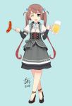  1girl adapted_costume alcohol alternate_costume apron arm_warmers asagumo_(kantai_collection) ascot barmaid beer beer_mug blue_background brown_hair corset cup dirndl food fork full_body german_clothes grey_eyes grey_skirt hair_between_eyes hair_ribbon holding holding_cup kantai_collection long_hair looking_at_viewer oktoberfest open_mouth puffy_short_sleeves puffy_sleeves ribbon sausage short_sleeves simple_background skirt smile solo standing tun twintails underbust waist_apron 