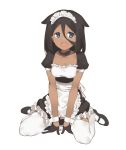  1girl 2l_(2lsize) :d apron black_gloves black_hair blue_eyes breasts choker dark_skin fang frills full_body gloves hair_between_eyes hair_flaps highres looking_at_viewer maid maid_headdress mary_janes open_mouth original shoes short_sleeves simple_background sitting small_breasts smile solo tareme waist_apron wariza white_background white_legwear 