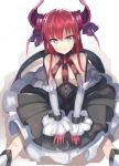 1girl :3 bangs bare_shoulders black_skirt blue_eyes blush boots breasts commentary_request cuffs curled_horns detached_sleeves dragon_girl dragon_horns dragon_tail elizabeth_bathory_(fate) elizabeth_bathory_(fate)_(all) eyebrows_visible_through_hair fate/extra fate/extra_ccc fate_(series) feet_out_of_frame fingernails hair_between_eyes hair_ribbon heart heart-shaped_pupils horns kasuka_(kusuki) long_hair looking_at_viewer petticoat pointy_ears purple_ribbon redhead ribbon shackles sharp_fingernails shiny shiny_skin sitting skirt small_breasts smile solo symbol-shaped_pupils tail v_arms white_background white_footwear