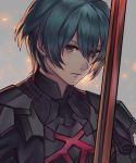  1boy blue_hair brown_eyes byleth fire_emblem fire_emblem:_three_houses grey_background hair_between_eyes holding holding_sword holding_weapon kaejunni male_focus nintendo short_hair simple_background solo sword upper_body weapon 