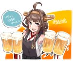  1girl ahoge alakoala_shoushou alcohol apron beer beer_mug black_apron brown_hair chestnut_mouth commentary_request dated double_bun fish hairband headgear highres kantai_collection kongou_(kantai_collection) long_hair open_mouth ribbon-trimmed_sleeves ribbon_trim solo translated twitter_username upper_body white_apron 