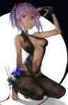  1girl arm_behind_back arm_up bangs bare_arms black_gloves black_legwear black_leotard bodysuit breasts breasts_apart center_opening dagger dark_skin eyebrows_visible_through_hair fate/grand_order fate/prototype fate/prototype:_fragments_of_blue_and_silver fate_(series) fingerless_gloves flower full_body gloves groin hair_between_eyes hairband hand_up hassan_of_serenity_(fate) highres holding holding_weapon impossible_clothes knife leggings leotard looking_at_viewer medium_breasts navel nyatabe open_mouth parted_lips purple_hair revealing_clothes short_hair sidelocks simple_background skin_tight solo squatting stomach throwing_knife toeless_legwear toenails two-tone_background violet_eyes weapon 