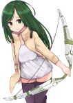 1girl :3 absurdres beige_jacket black_legwear blush bow_(weapon) closed_mouth collarbone commentary_request green_eyes green_hair high_collar highres holding holding_bow_(weapon) holding_weapon jacket light_smile long_hair long_sleeves looking_at_viewer open_clothes open_jacket original see-through see-through_silhouette shiny shiny_hair sideways_mouth simple_background solo straight_hair thigh-highs thigh_gap weapon white_background 