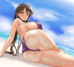  1girl arm_support armpits ass bangs bare_arms bare_legs bare_shoulders beach bikini black_hair blue_sky blush breasts brown_eyes collarbone colored_eyelashes commentary_request cowboy_shot day eyebrows_visible_through_hair from_behind hair_between_eyes iwato_kasumi large_breasts lips long_hair looking_at_viewer lying momoiro_tunozemi ocean on_side outdoors purple_bikini saki sand shore skindentation sky solo sweatdrop swimsuit thighs twisted_torso very_long_hair 