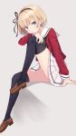 1girl black_legwear blonde_hair blue_eyes blush brown_footwear character_request closed_mouth copyright_request eyebrows_visible_through_hair hairband highres hyuuga_azuri kneehighs loafers long_sleeves looking_at_viewer shoes sitting skirt solo thigh-highs white_skirt 