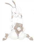  1girl 2l_(2lsize) animal_ears ass bare_shoulders blush braid bunny_tail bunnysuit crown_braid fake_animal_ears fishnet_legwear fishnet_pantyhose fishnets full_body greyscale hair_ribbon hairband high_heels highres leotard long_hair looking_at_viewer looking_back monochrome open_mouth original pantyhose rabbit_ears ribbon round_eyewear solo tail very_long_hair wavy_hair 