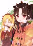  2girls :d :o ^_^ bangs black_bow blonde_hair blush bow breath brown_coat brown_hair closed_eyes coat cup disposable_cup ereshkigal_(fate/grand_order) eyebrows_visible_through_hair fate/grand_order fate_(series) fingernails fringe hair_bow hands_up highres holding holding_cup ishtar_(fate/grand_order) long_hair long_sleeves multiple_girls open_mouth parted_bangs parted_lips plaid plaid_scarf red_bow red_coat red_eyes round_teeth scarf signature smile sofra teeth tiara tohsaka_rin two_side_up upper_teeth white_background 