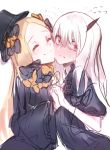  2girls ^_^ abigail_williams_(fate/grand_order) bangs black_bow black_dress black_hat blonde_hair blush bow cheek-to-cheek closed_eyes closed_eyes closed_mouth commentary_request dress fate/grand_order fate_(series) fixro2n flying_sweatdrops hair_bow hand_holding hat highres horn interlocked_fingers lavinia_whateley_(fate/grand_order) long_hair long_sleeves multiple_girls nose_blush orange_bow parted_bangs pink_eyes simple_background sketch sleeves_past_fingers sleeves_past_wrists smile sweat very_long_hair white_background white_hair 