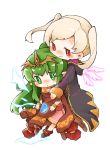  2girls bracelet chiki cloak closed_mouth dress female_my_unit_(fire_emblem:_kakusei) fire_emblem fire_emblem:_kakusei fire_emblem:_mystery_of_the_emblem fire_emblem_heroes gimurei green_eyes green_hair highres hood hood_down hug hug_from_behind jewelry long_hair long_sleeves mamkute multiple_girls my_unit_(fire_emblem:_kakusei) nintendo parted_lips pink_dress pointy_ears ponytail red_eyes robe shunrai simple_background smile stone tiara twintails white_background white_hair 