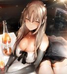  1girl alcohol bangs bare_shoulders black_gloves blush bottle breasts brown_hair champagne_flute cleavage cup dress drinking_glass elbow_gloves eyebrows_visible_through_hair glass gloves half-closed_eyes highres indoors large_breasts light light_brown_hair long_hair long_sleeves looking_at_viewer night nijisanji nishiide_kengorou open_mouth sidelocks sister_cleaire sitting skindentation smile solo thigh-highs thighs virtual_youtuber white_legwear yellow_eyes 