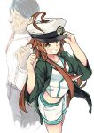  1boy 1girl adolf_hitler ahoge ahoge_through_headwear back-to-back black_hair blazer breasts brown_eyes brown_hair cheekbones clenched_hand closed_eyes commentary_request eyebrows_visible_through_hat fading green_jacket green_sailor_collar grin huge_ahoge jacket jewelry kantai_collection kuma_(kantai_collection) long_hair long_sleeves mutsuki_nekohachi neckerchief old_man real_life red_neckwear ring sailor_collar school_uniform serafuku shirt shorts sideways_mouth smile standing wedding_band white_shirt white_shorts wrinkled_skin 