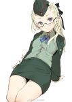  1girl black_eyes blonde_hair blush breasts closed_mouth girls_frontline glasses green_jacket green_shirt green_skirt hair_ornament hat jacket long_hair looking_at_viewer military military_hat military_jacket military_uniform miniskirt riyun_(halodark) serdyukov_(girls_frontline) shirt side_ponytail simple_background skirt small_breasts solo uniform white_background 