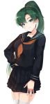  1girl absurdres arms_behind_head bangs breasts collarbone commentary_request eyebrows_visible_through_hair fire_emblem fire_emblem:_rekka_no_ken green_hair hand_on_hip head_tilt highres long_hair long_sleeves looking_at_viewer lyndis_(fire_emblem) medium_breasts nintendo ormille parted_lips ponytail school_uniform shiny shiny_hair simple_background skirt smile solo thigh-highs white_background white_legwear zettai_ryouiki 