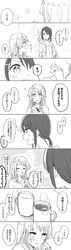  2girls :d ? ^_^ bang_dream! bangs blush closed_eyes closed_eyes comic cup directional_arrow greyscale hair_ornament hairclip harusawa highres holding holding_cup humming jewelry long_hair monochrome mug multiple_girls okusawa_misaki open_mouth ponytail ring smile steam sweatdrop translation_request tsurumaki_kokoro 