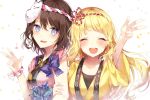  2girls :d ^_^ arm_grab bang_dream! bangs black_hair blonde_hair blue_bow blue_eyes blush bow closed_eyes closed_eyes eyebrows_visible_through_hair fox_mask hand_up headband heart japanese_clothes kimono kouhaku_nawa long_hair looking_at_viewer mask mask_on_head medium_hair multiple_girls okusawa_misaki open_mouth outstretched_hand pink_kimono polka_dot polka_dot_bow sash smile sparkle taya_5323203 tsurumaki_kokoro upper_body w wristband yellow_kimono 