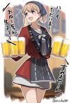  1girl alcohol alternate_costume beer blue_eyes blush breasts brown_hair cup eyebrows_visible_through_hair hair_between_eyes intrepid_(kantai_collection) japanese_clothes kantai_collection kimono long_sleeves medium_breasts neckerchief open_mouth smile solo standing translated twitter_username yamashiki_(orca_buteo) 