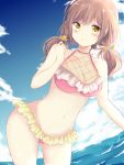  1girl alternate_hairstyle bang_dream! bangs bikini blush brown_hair clenched_hand commentary_request day eyebrows_visible_through_hair flower frilled_bikini frills hair_flower hair_ornament hand_up highres imai_lisa long_hair looking_at_viewer navel outdoors pink_bikini rita_0604 smile solo stomach swimsuit twintails water yellow_eyes 