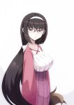  1girl black_hair breasts brown_hair dress eyebrows_visible_through_hair fate/grand_order fate_(series) glasses gradient_hair hair_bobbles hair_ornament highres jacket large_breasts long_hair looking_at_viewer looking_to_the_side low_twintails multicolored_hair open_clothes open_jacket osakabe-hime_(fate/grand_order) puyo ribbed_dress solo twintails very_long_hair violet_eyes white_background 