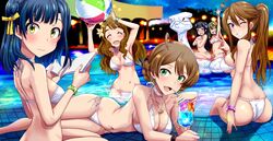  6+girls ahoge armpits ass ball beachball bikini black_hair blue_eyes blue_hair blue_hawaii book bracelet braid breasts brown_hair cleavage closed_eyes commentary_request cup drink drinking_glass drinking_straw flower green_eyes green_hair grin hair_flower hair_ornament hair_ribbon highres idolmaster idolmaster_million_live! jewelry long_hair looking_at_viewer medium_hair miyao_miya mogami_shizuka multiple_girls nagayoshi_subaru nanao_yuriko navel necklace night night_sky one_eye_closed partially_submerged ponytail pool ribbon run_p_(aveton) sakuramori_kaori short_hair sitting sky smile swimsuit tokoro_megumi violet_eyes white_bikini 