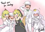  2boys 3girls alternate_costume arm_hug bare_shoulders black_dress blonde_hair blue_earrings blush bouquet bowsette bridal_veil cleavage_cutout comic crying crying_with_eyes_open dress english fang flower flying_sweatdrops formal full-face_blush good_end height_difference horns husband_and_wife husband_and_wife_and_wife lavender_hair long_hair looking_at_viewer looking_back luigi luigi&#039;s_mansion super_mario_bros. multiple_boys multiple_girls new_super_mario_bros._u_deluxe nintendo nose_blush ponytail princess_king_boo princess_peach red_earrings sesield short_hair shy strapless strapless_dress streaming_tears suit super_crown super_mario_odyssey tears veil very_long_hair wedding_dress white_dress white_suit 