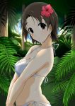  1girl bangs bikini blurry blurry_background breasts brown_eyes brown_hair cleavage closed_mouth commentary_request flower forest from_side girls_und_panzer hair_flower hair_ornament looking_at_viewer medium_breasts nana_(manaita_koumuten) nature palm_tree parted_bangs sawa_azusa short_hair side-tie_bikini solo standing swimsuit tree upper_body v_arms wet white_bikini 